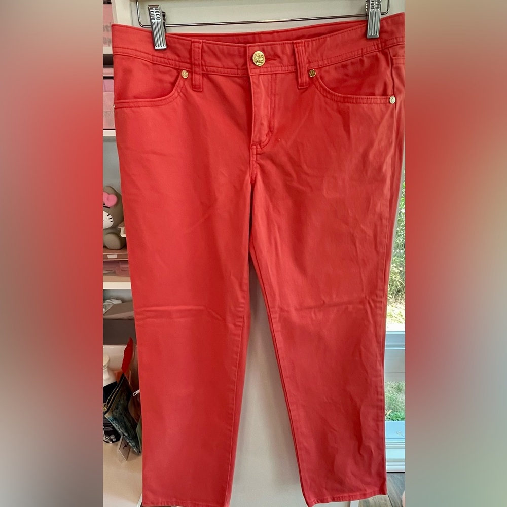 Tory Burch Coral Salmon Sateen Skinny Jeans Ankle Pants Size 29